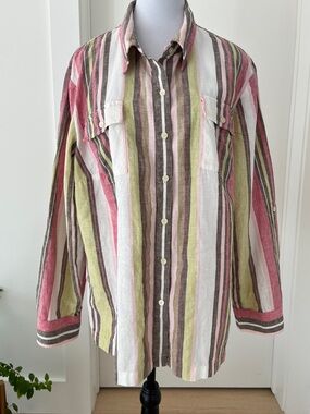 JONES NEW YORK Signature Woman 100% Linen Striped Button Front Long Sleeve Shirt